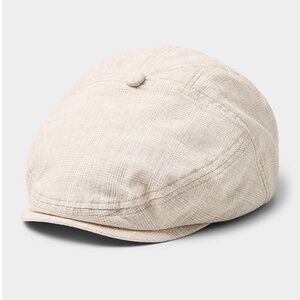Ecru sand linen and cotton blend check driver cap hat NWT